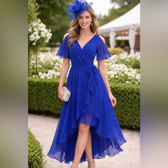 SLNY Dresses & Skirts - SLNY Cobalt Cold-Shoulder V-Neck High-Low Dress Ptp 19” GUC